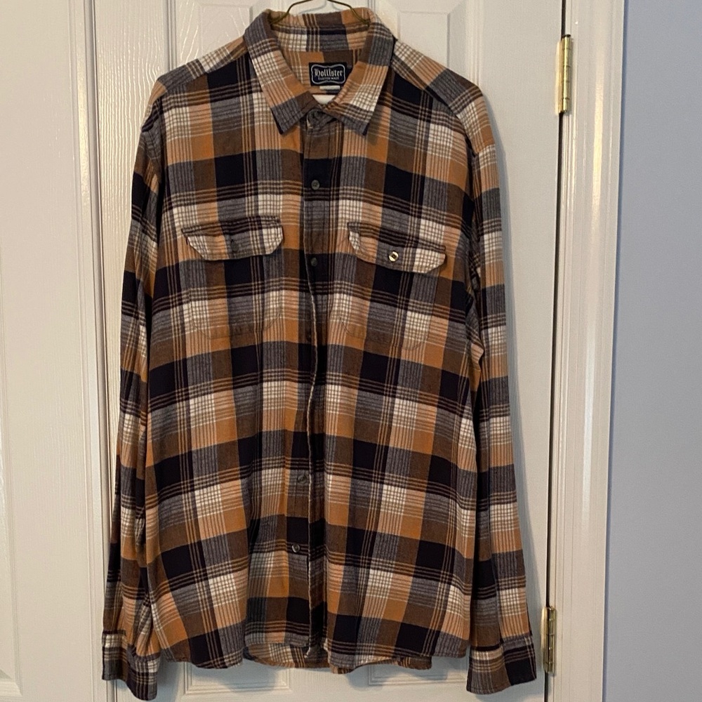 Hollister Men's flannel Plaid Shirt - Orange, Brown, navy